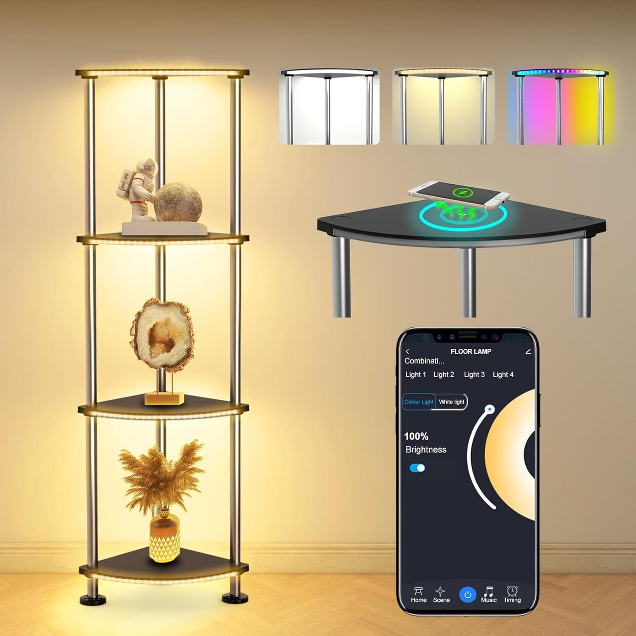 Floor Lamp with Shelf Corner Shelf with Light Standing Lamp with Shelves Music Sync Dimmable and Timing Corner Lamp with Wireless Charger & USB Port 5 Tier White