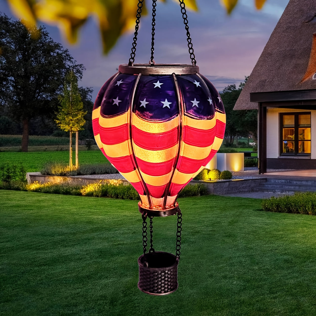 1pc Authentic Hot Air Balloon Solar Lantern with Flickering LED Flame - Waterproof Outdoor Hanging Lights for Garden, Yard, Patio - Adds Rustic Charm to Your Holiday Decor - Proudly Showcases American Flag Design