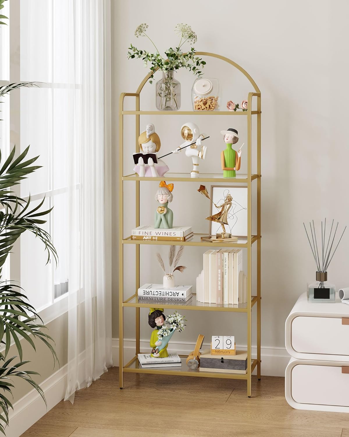 Bookcase Bookshelf, Tempered Glass Bookshelves, Slim Shelving Unit for Bedroom, Bathroom, Home Office, Steel Frame, 5 Tier Gold BC21599G