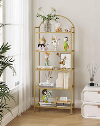 Thumbnail for Bookcase Bookshelf, Tempered Glass Bookshelves, Slim Shelving Unit for Bedroom, Bathroom, Home Office, Steel Frame, 5 Tier Gold BC21599G