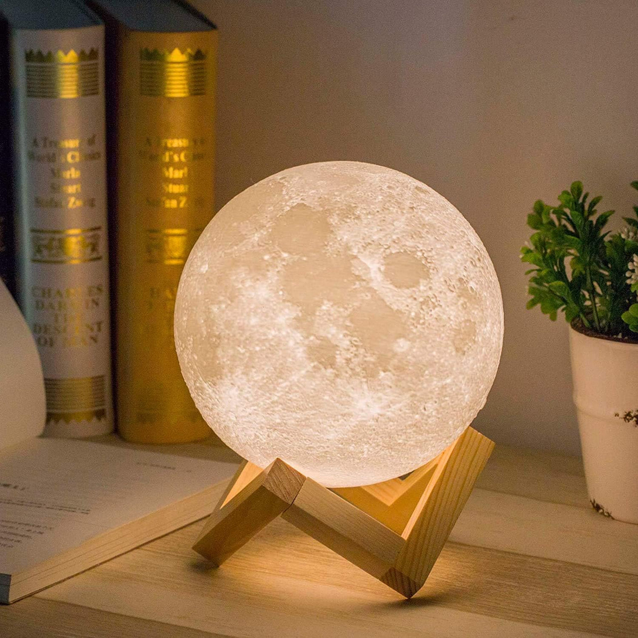 Mydethun 3D Moon Lamp with Ceramic Base, Mothers Day Gift, LED Night Light, Mood Lighting with Touch Control Brightness for Women,Home Décor, Bedroom, Kids Birthday, 3.5 Inch - White & Yellow
