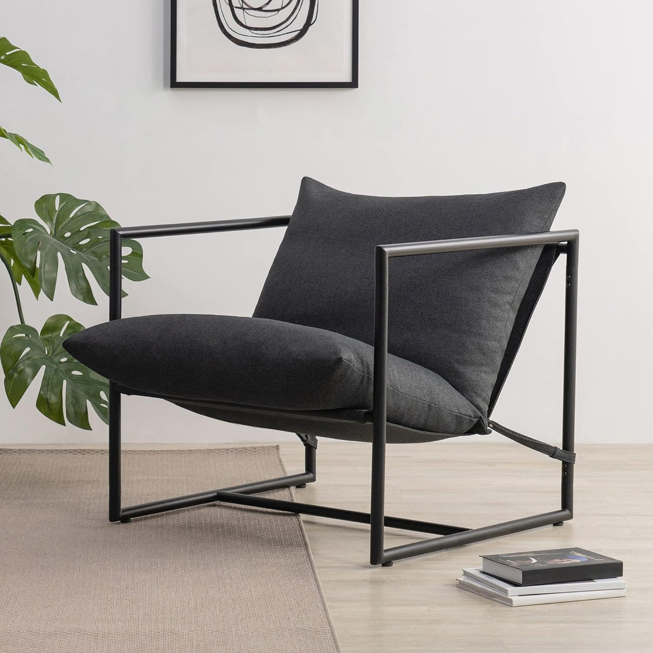 ZINUS Aidan Sling Accent Chair / Metal Framed Armchair with Shredded Foam Cushioning, Oatmeal