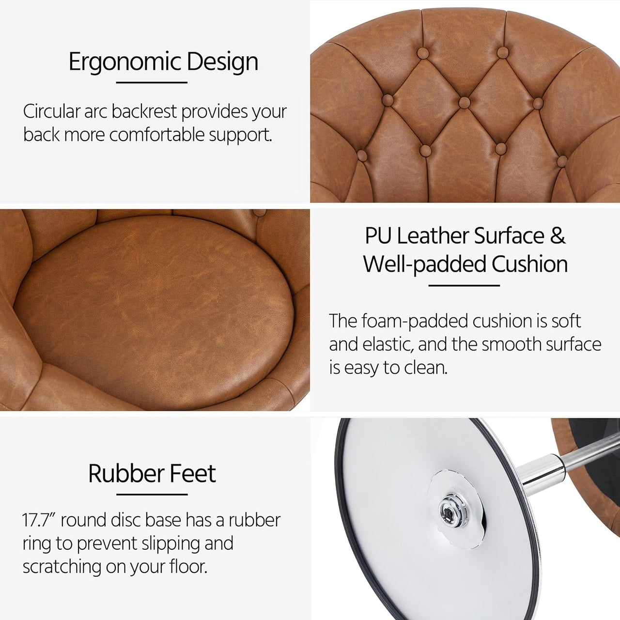 Yaheetech Vanity Chair Makeup Chair Swivel Accent Chair Height Adjustable Round Back Tilt Chair with Chrome Frame for Makeup Room, Living Room, Retro Brown