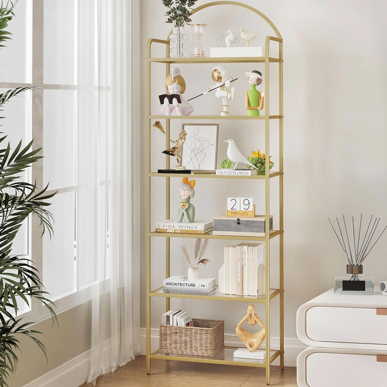 Bookcase Bookshelf, Tempered Glass Bookshelves, Slim Shelving Unit for Bedroom, Bathroom, Home Office, Steel Frame, 5 Tier Gold BC21599G