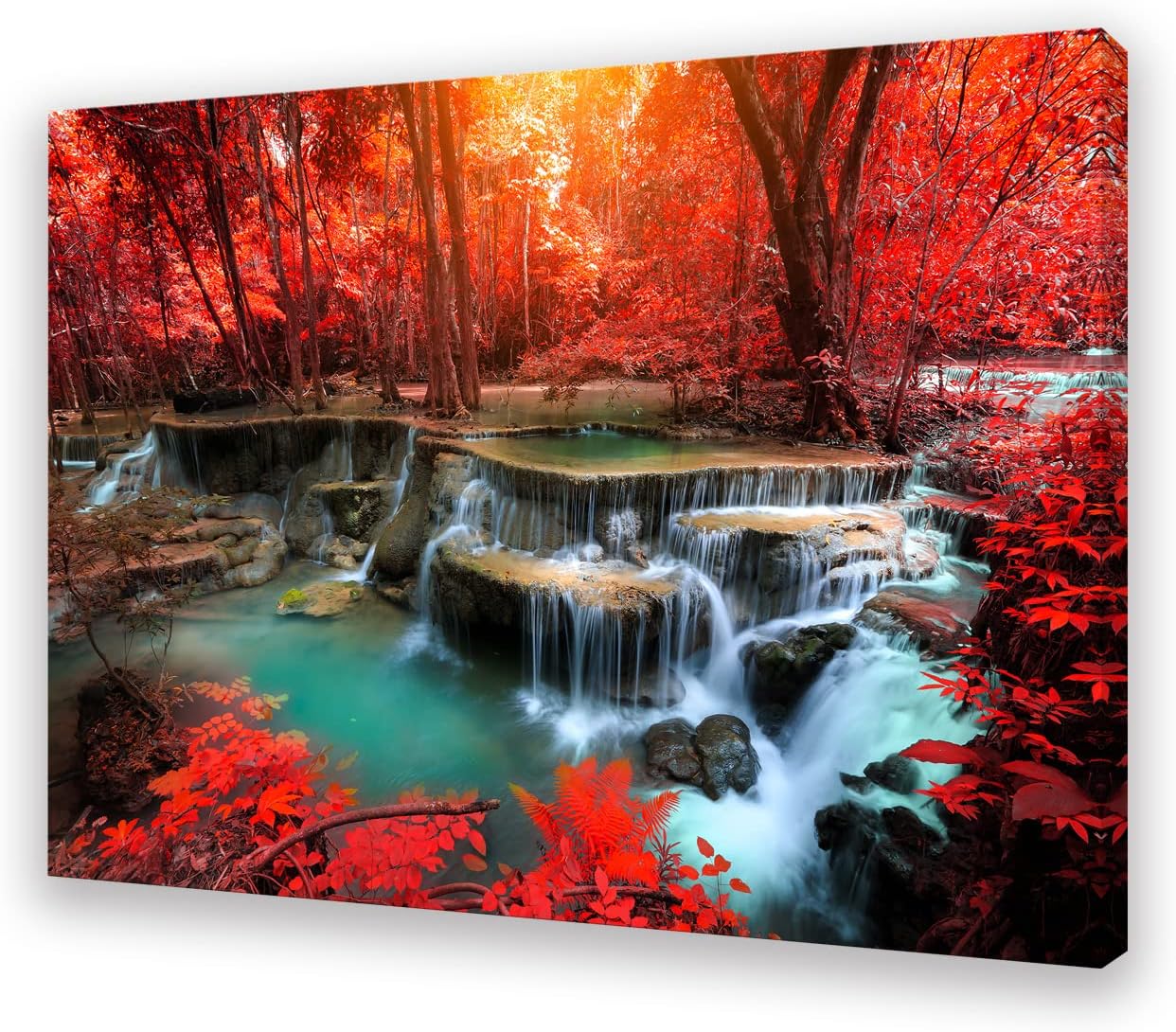 Muolunna BK03975 Wall Art Decor Canvas Print Picture Red Forest Waterfalls 1 Piece Modern Landscape Tree for Living Room Bedroom Kitchen Office Home Decorations Stretched and Framed Ready to Hang