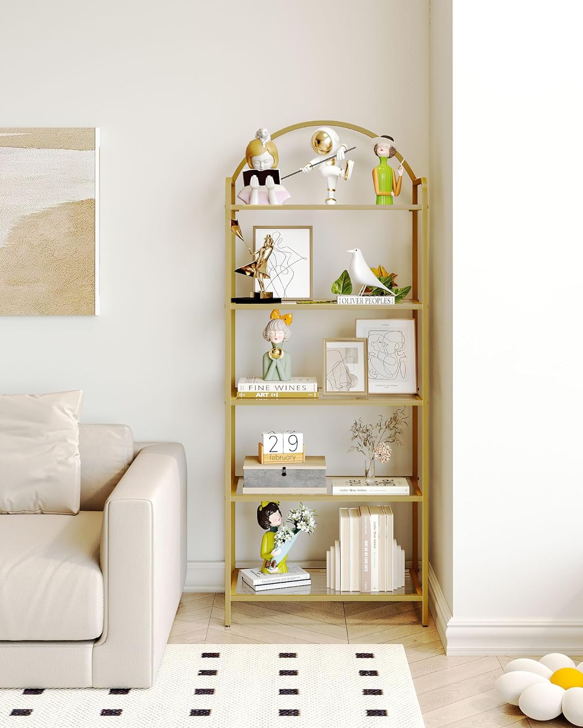 Bookcase Bookshelf, Tempered Glass Bookshelves, Slim Shelving Unit for Bedroom, Bathroom, Home Office, Steel Frame, 5 Tier Gold BC21599G