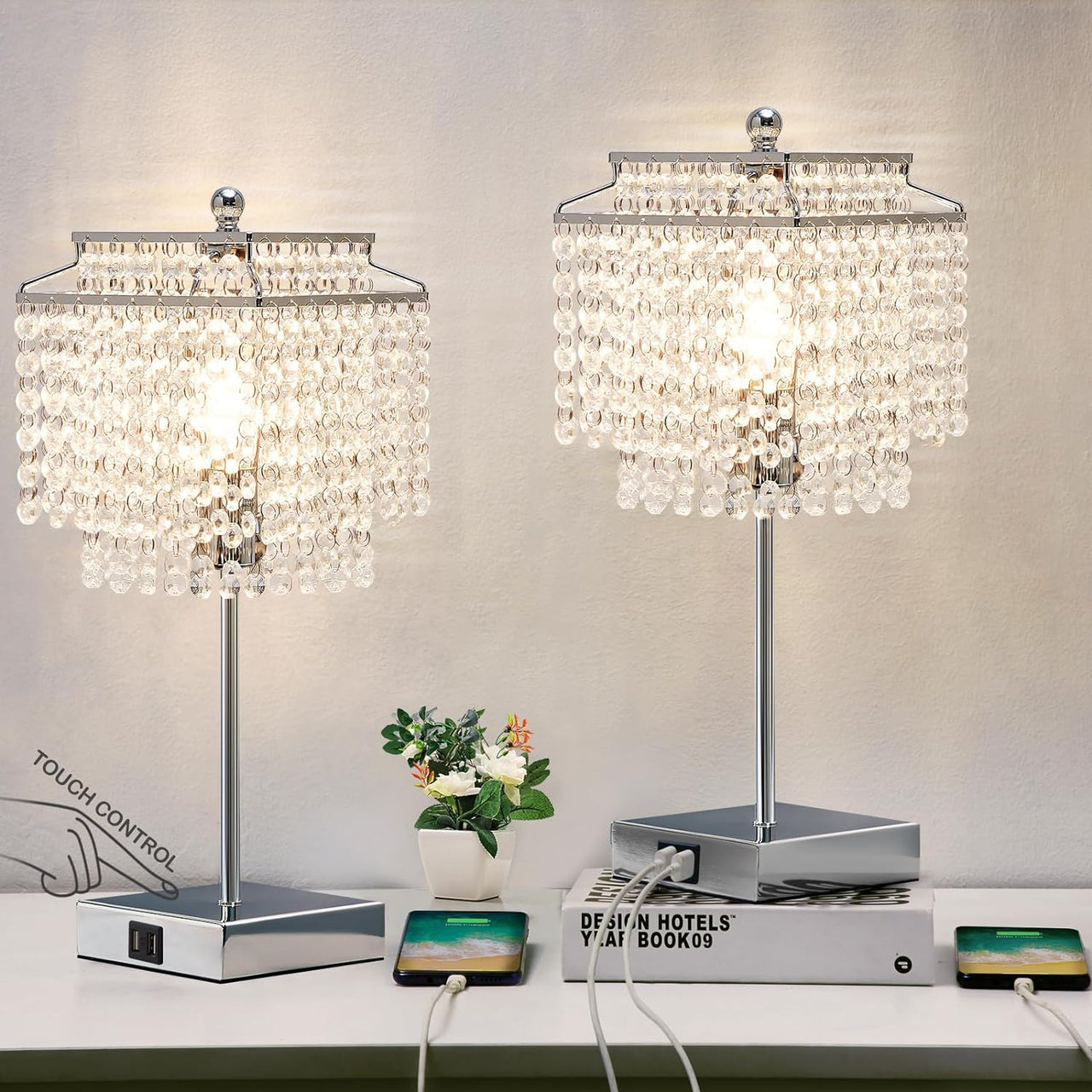 Luvkczc Crystal Table Lamp with Touch Control, USB Bedside Crystal Table Lamp, 3-Way Dimmable Lamp with Crystal Shade for Girls Bedroom, Living Room, 6W LED Bulb Included