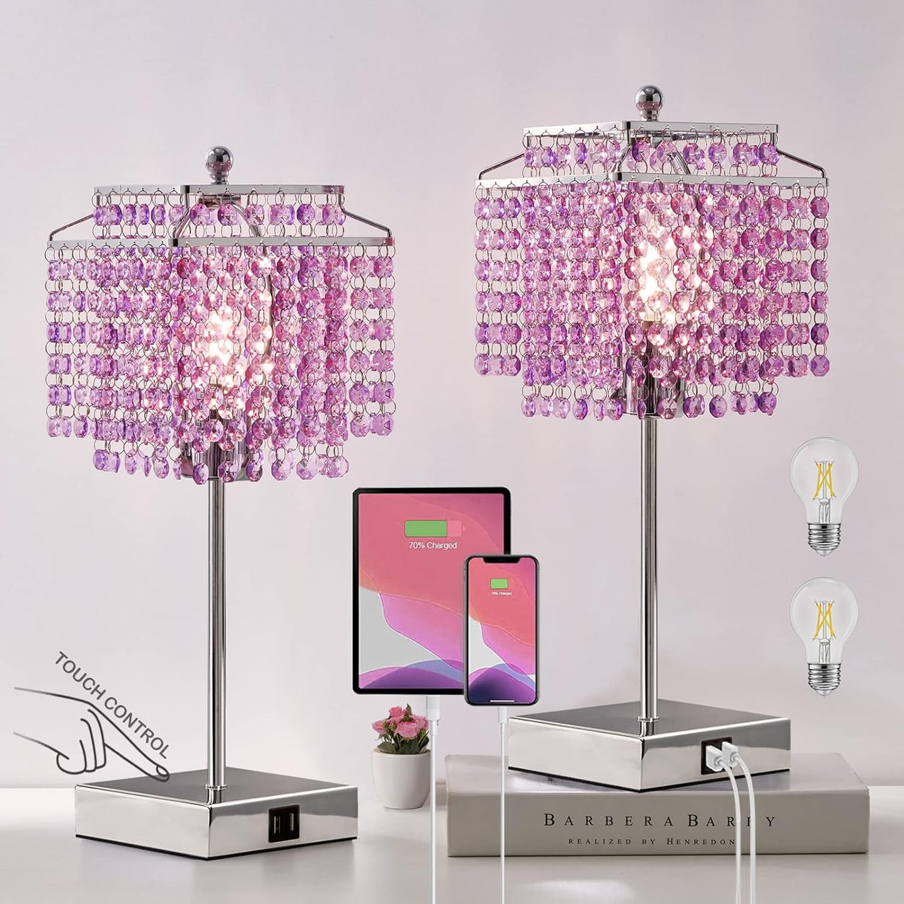 Luvkczc Crystal Table Lamp with Touch Control, USB Bedside Crystal Table Lamp, 3-Way Dimmable Lamp with Crystal Shade for Girls Bedroom, Living Room, 6W LED Bulb Included