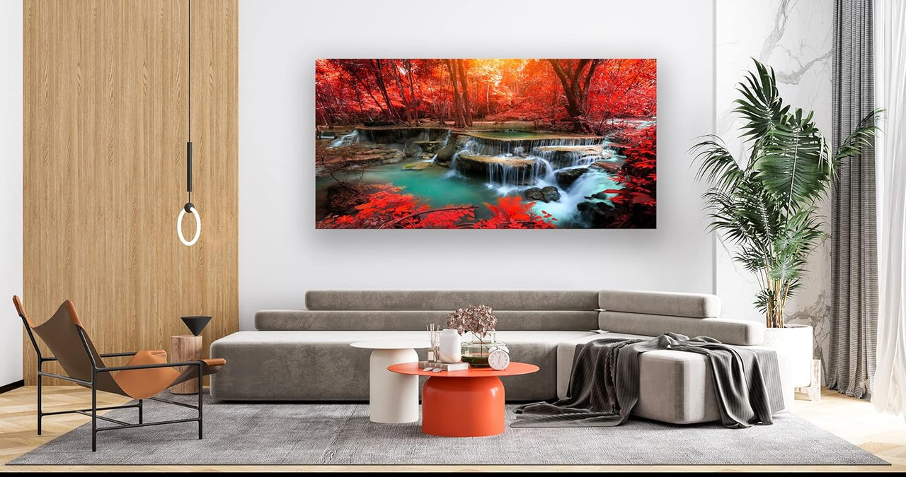 Muolunna BK03975 Wall Art Decor Canvas Print Picture Red Forest Waterfalls 1 Piece Modern Landscape Tree for Living Room Bedroom Kitchen Office Home Decorations Stretched and Framed Ready to Hang