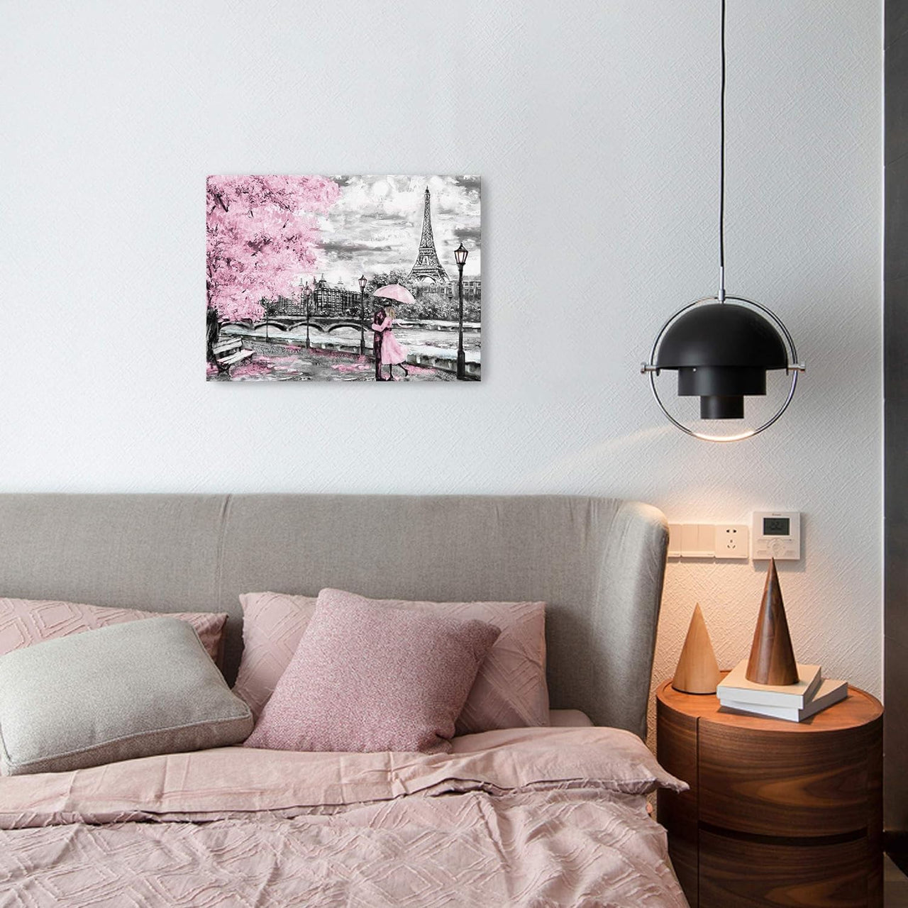 Seine River Paris Tower Theme Decorative Painting Romantic Pink Cherry Blossom Tree Oil Painting Bathroom Bedroom Living Room Decoration Romantic Theme Dining Room Wall Art Decoration 12 × 15 inches