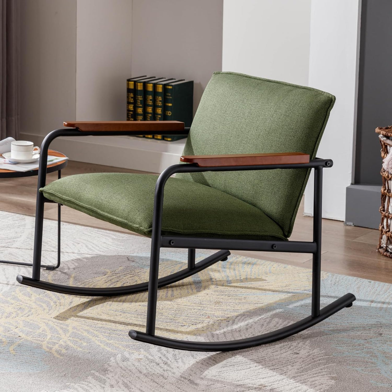 LukeAlon Mid Century Linen Rocking Accent Chair, Modern Lounge Chair with Metal Base Retro Comfy Low Nursery Rocker Chair with Wooden Armrest for Living Room Bedroom, Beige