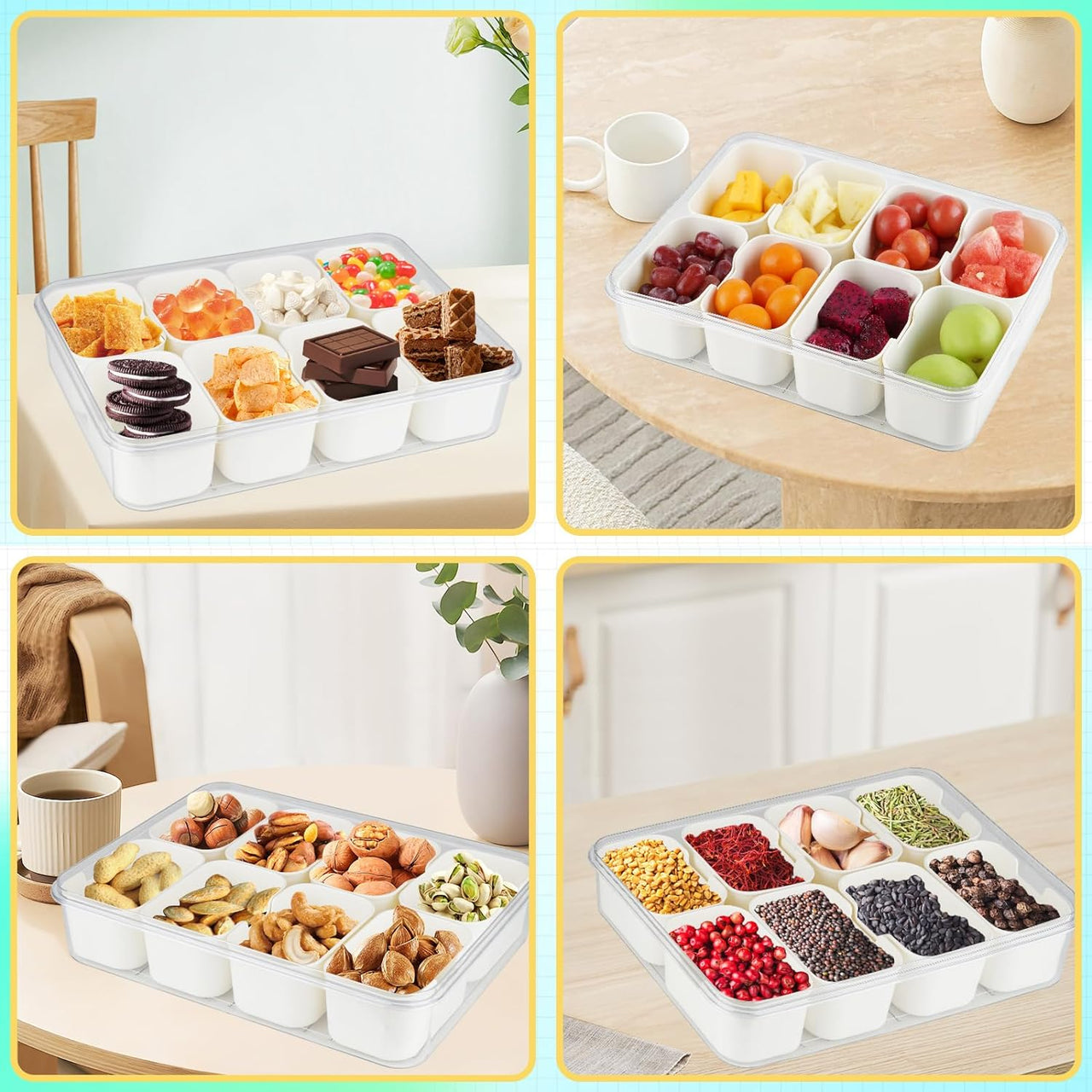 Divided Serving Tray with Lids& Removable, Snack Fruit Tray, 8 Compartment Square Food Storage Lunch Organizer for Vegetarian Candy, Fruits, Nuts, Snacks, for Party, Entertaining, Picnic