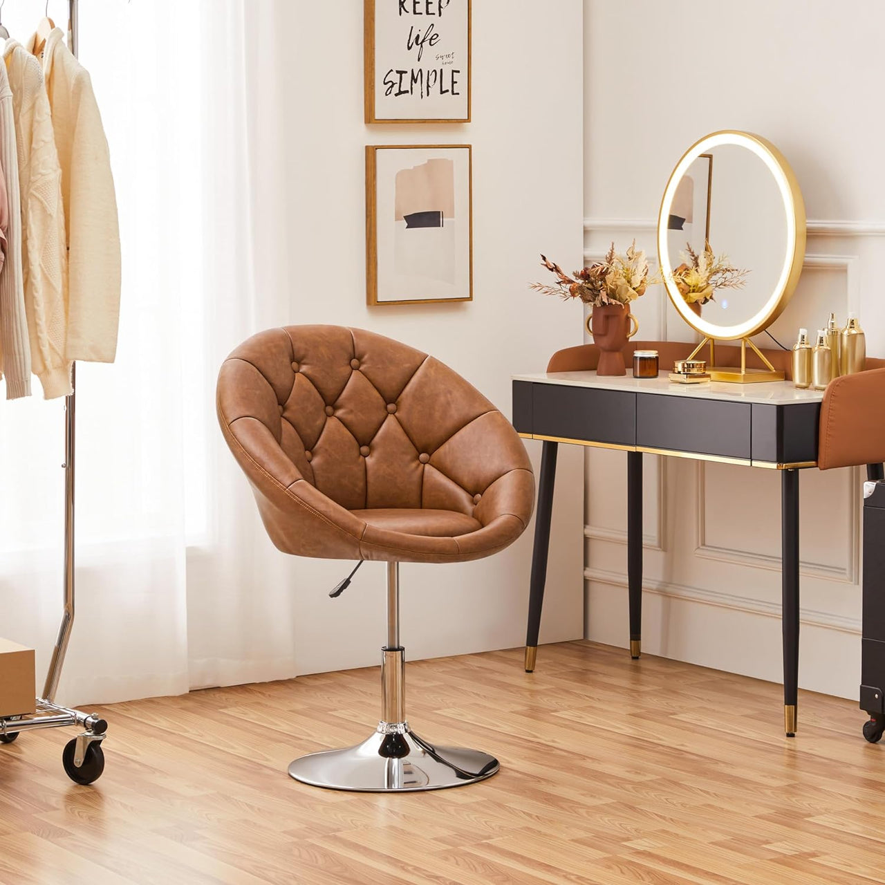 Yaheetech Vanity Chair Makeup Chair Swivel Accent Chair Height Adjustable Round Back Tilt Chair with Chrome Frame for Makeup Room, Living Room, Retro Brown