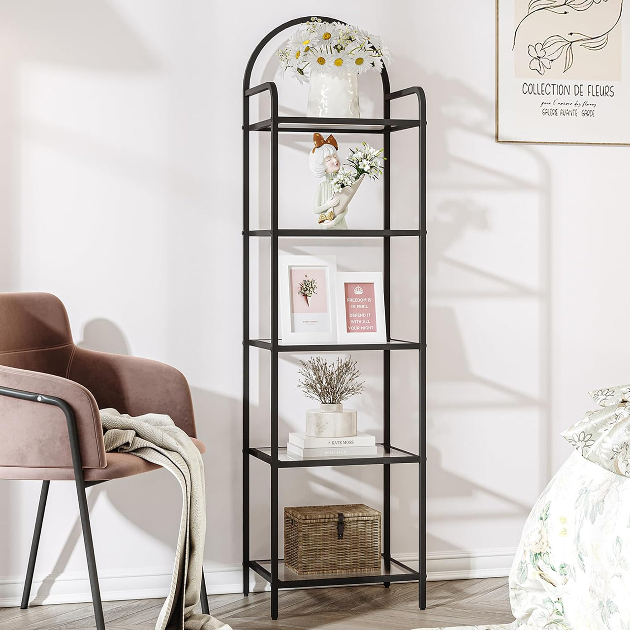 Bookcase Bookshelf, Tempered Glass Bookshelves, Slim Shelving Unit for Bedroom, Bathroom, Home Office, Steel Frame, 5 Tier Gold BC21599G