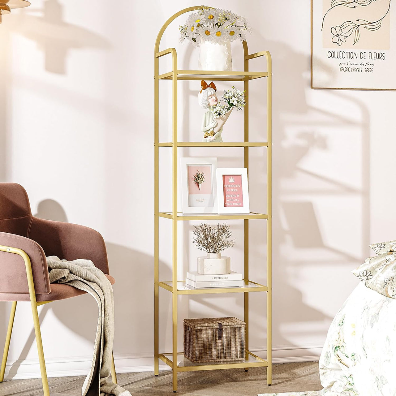 Bookcase Bookshelf, Tempered Glass Bookshelves, Slim Shelving Unit for Bedroom, Bathroom, Home Office, Steel Frame, 5 Tier Gold BC21599G