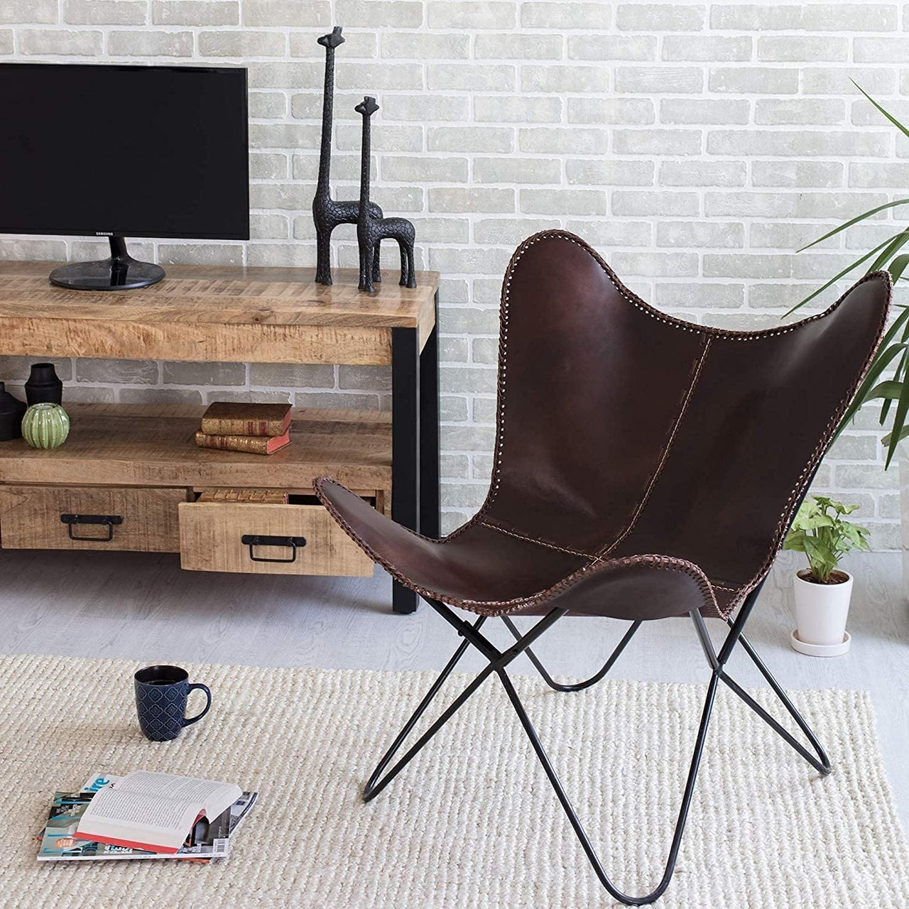 Home Décor Genuine Leather Butterfly Chair Handmade Iron Frame I Lounge Chair, Comfortable Recliner