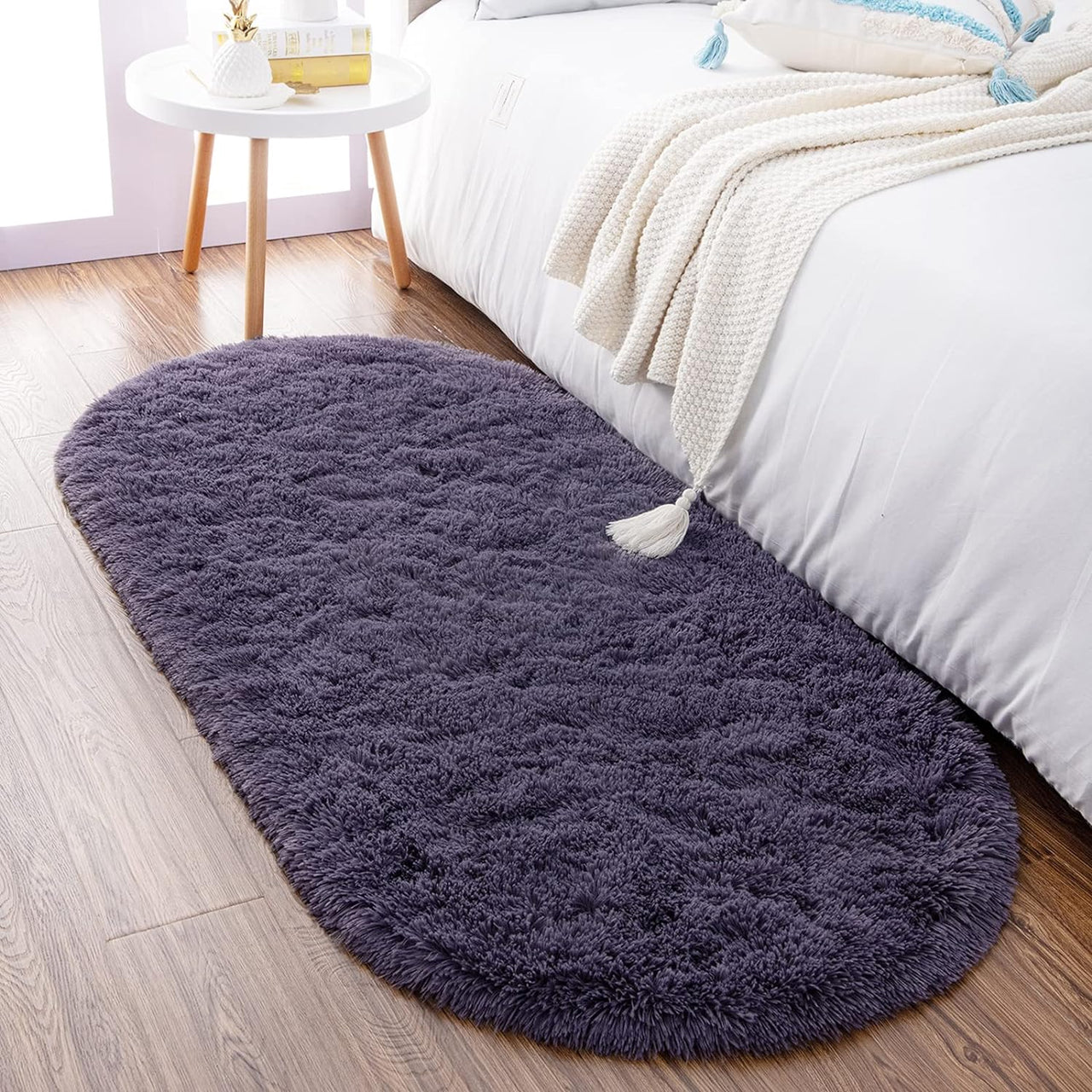 Noahas Ultra Soft Fluffy Bedroom Rugs,Shaggy Grey Area Rugs for Bedroom,Oval Throw Rugs, Kids Room Small Carpet,Living Room Runner Rug Non Slip Modern Home Decor 2.6' X 5.3'
