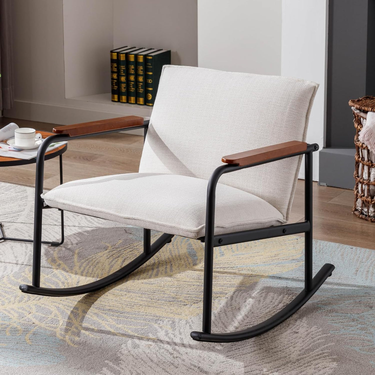 LukeAlon Mid Century Linen Rocking Accent Chair, Modern Lounge Chair with Metal Base Retro Comfy Low Nursery Rocker Chair with Wooden Armrest for Living Room Bedroom, Beige