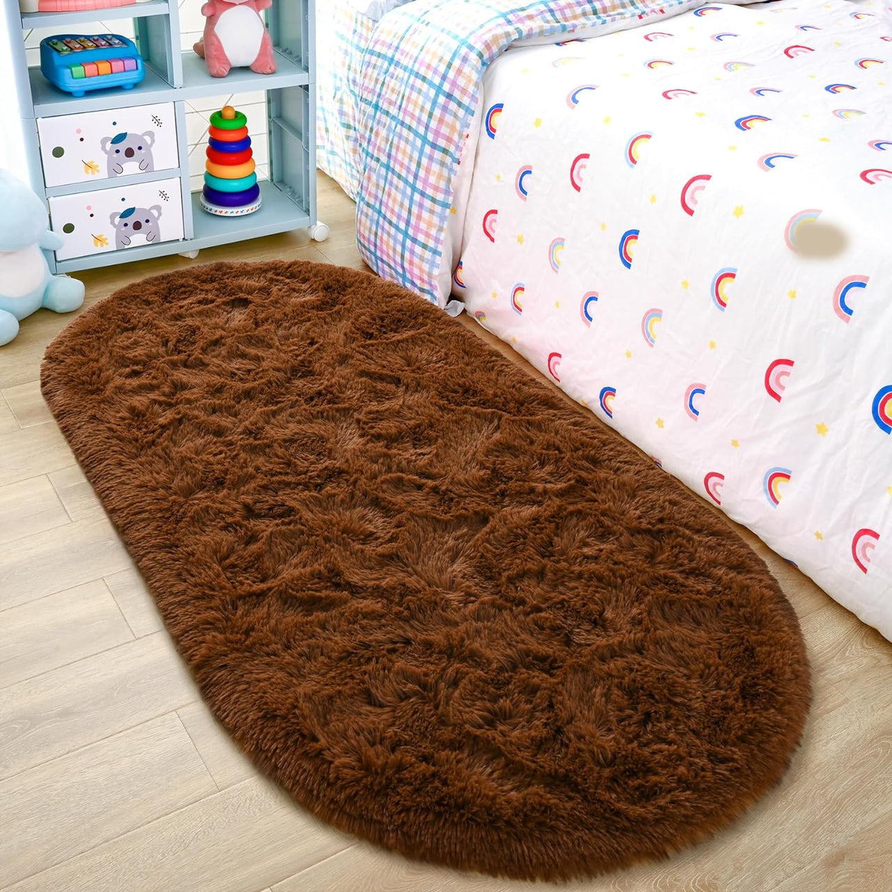 Noahas Ultra Soft Fluffy Bedroom Rugs,Shaggy Grey Area Rugs for Bedroom,Oval Throw Rugs, Kids Room Small Carpet,Living Room Runner Rug Non Slip Modern Home Decor 2.6' X 5.3'