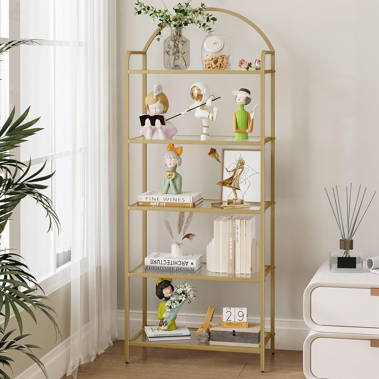 Bookcase Bookshelf, Tempered Glass Bookshelves, Slim Shelving Unit for Bedroom, Bathroom, Home Office, Steel Frame, 5 Tier Gold BC21599G