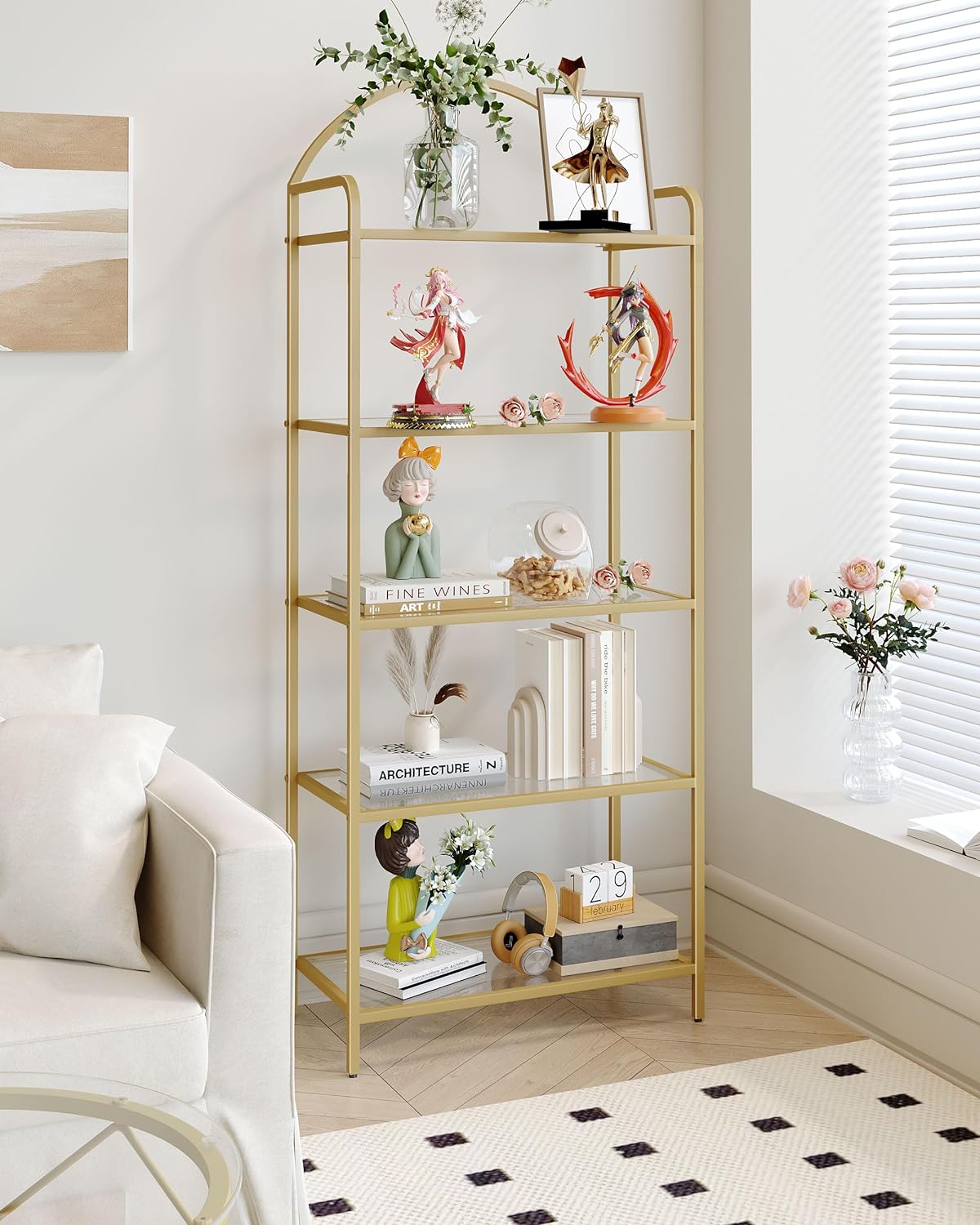 Bookcase Bookshelf, Tempered Glass Bookshelves, Slim Shelving Unit for Bedroom, Bathroom, Home Office, Steel Frame, 5 Tier Gold BC21599G