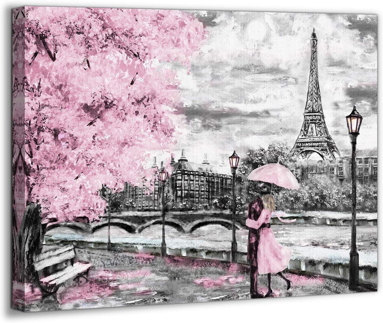 Seine River Paris Tower Theme Decorative Painting Romantic Pink Cherry Blossom Tree Oil Painting Bathroom Bedroom Living Room Decoration Romantic Theme Dining Room Wall Art Decoration 12 × 15 inches