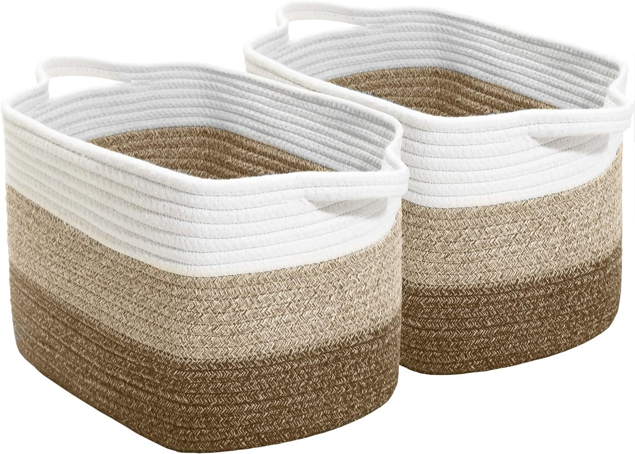 2 Pack Storage Basket for Organizing, 15''X10''X9'' Rope Basket with Handles, Toy Basket, Gift Baskets Empty, Blanket Basket for Living Room, Bedroom, 3 Tone Grey.