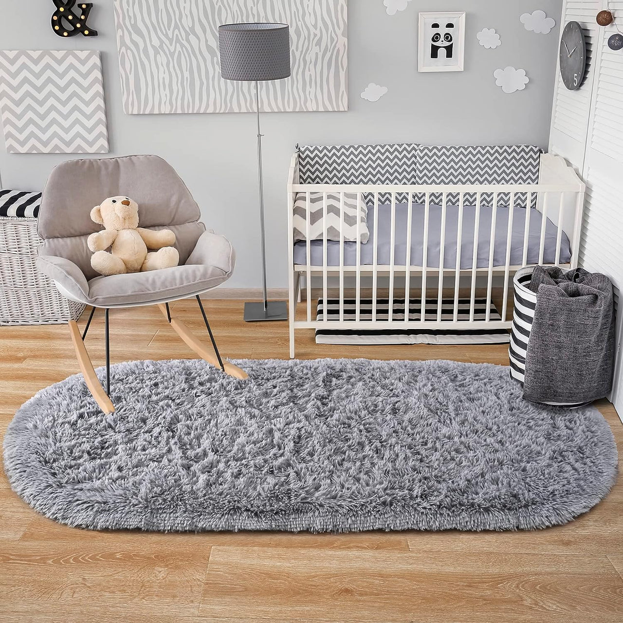 Noahas Ultra Soft Fluffy Bedroom Rugs,Shaggy Grey Area Rugs for Bedroom,Oval Throw Rugs, Kids Room Small Carpet,Living Room Runner Rug Non Slip Modern Home Decor 2.6' X 5.3'