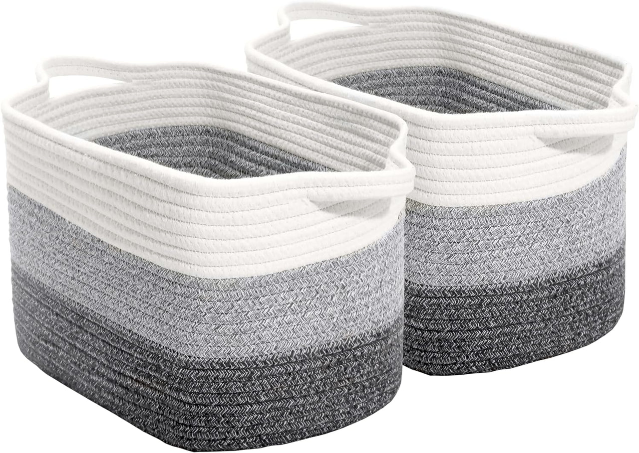 2 Pack Storage Basket for Organizing, 15''X10''X9'' Rope Basket with Handles, Toy Basket, Gift Baskets Empty, Blanket Basket for Living Room, Bedroom, 3 Tone Grey.