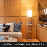 Thumbnail for Brightech Maxwell - Modern Shelf Floor Lamp with Lamp Shade and LED Bulb - Corner Display Floor Lamps with Shelves for Living Room, Bedroom and Office - Natural Wood
