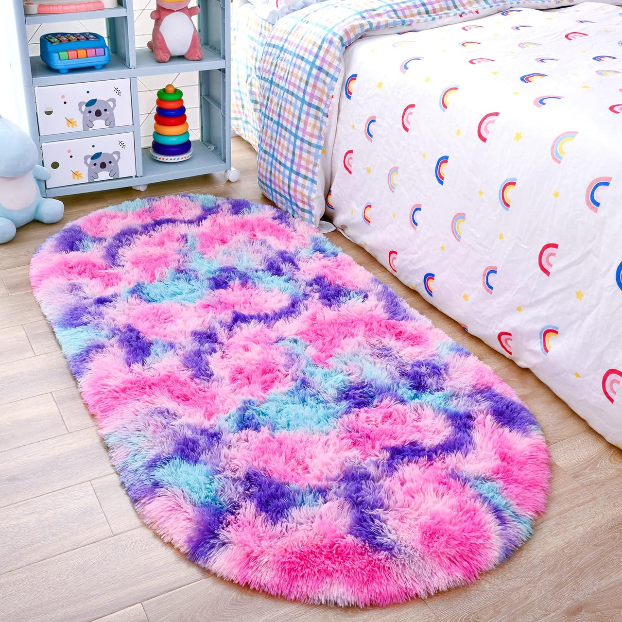 Noahas Ultra Soft Fluffy Bedroom Rugs,Shaggy Grey Area Rugs for Bedroom,Oval Throw Rugs, Kids Room Small Carpet,Living Room Runner Rug Non Slip Modern Home Decor 2.6' X 5.3'