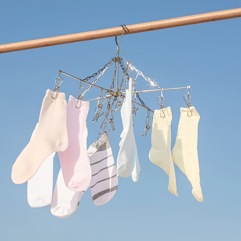 1pc Stainless Steel Sock Drying Rack With Multi-Clip, Swivel Hook Wind-Proof Clothes Hanger, Clothes Drying Rack For Sock, Bras, Underwear
