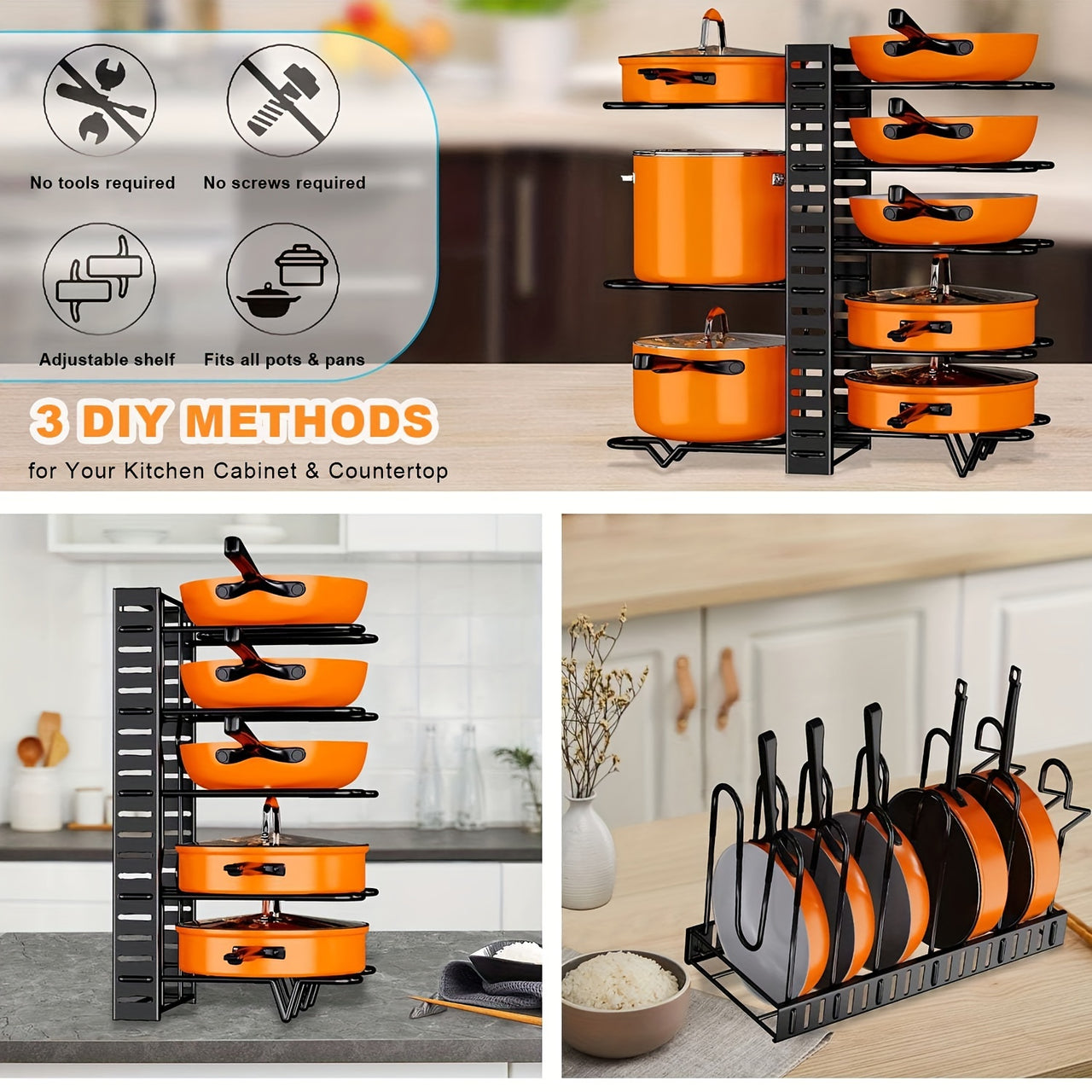8-Tier Heavy Duty Pot Rack Organizer - Effortless Kitchen Storage Solution - Durable Metal, Rust-resistant, Space-saving Cabinet Holder for Pots, Pans and lids - Keep Your Kitchen Neat and Tidy