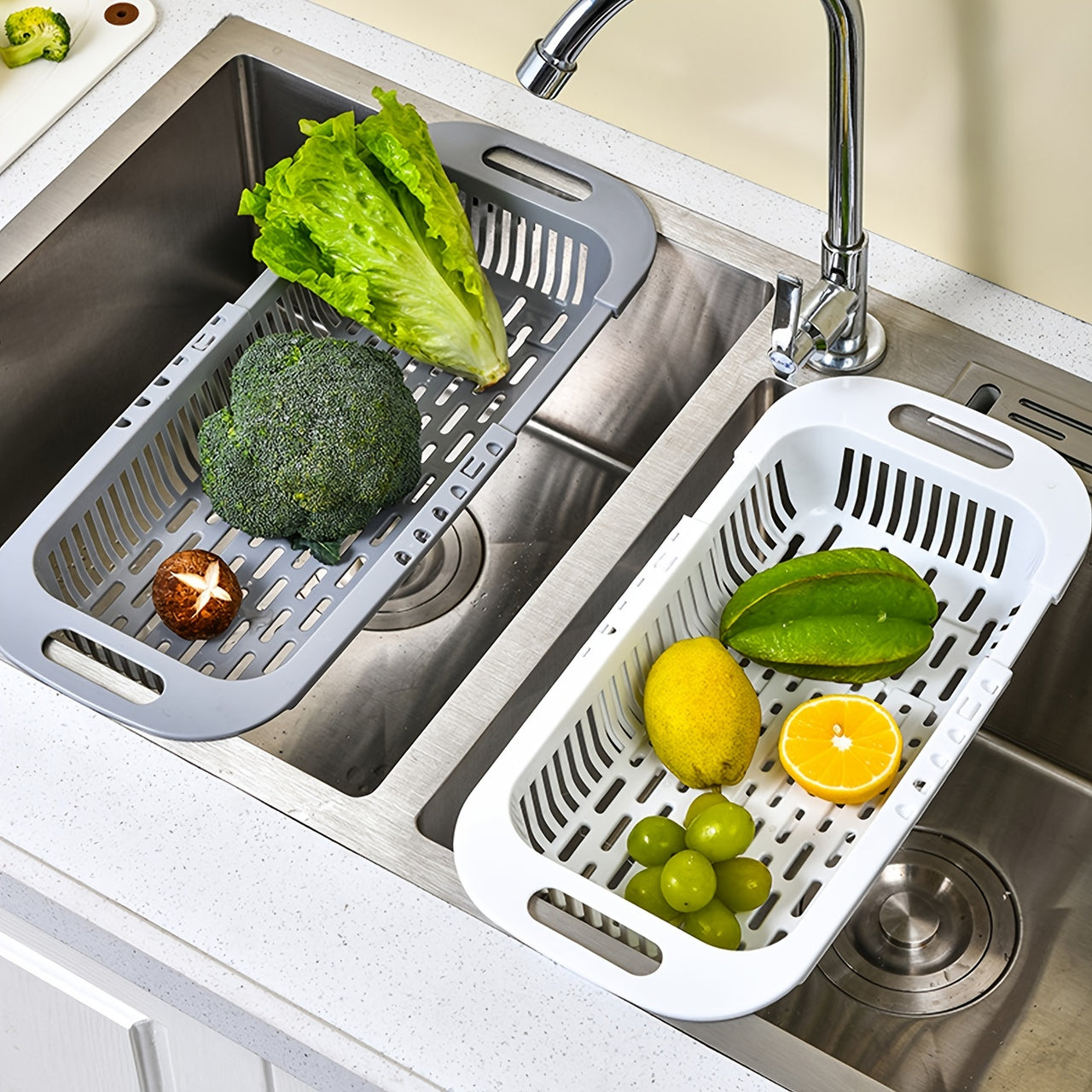 1pc Retractable Drain Rack - Kitchen Basket For Vegetables And Dishes, Plastic Dish Rack With Filter Basket - 13.5in/7.2in/2.5in - Easy To Clean And Store