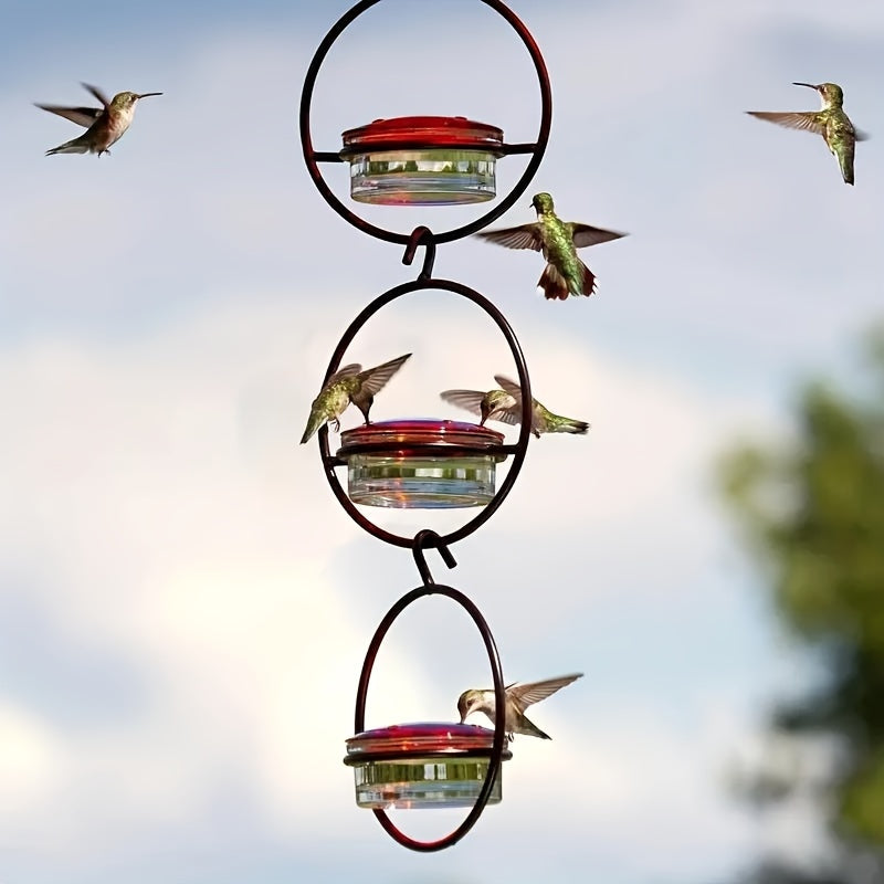 3-Piece Hanging Hummingbird Feeder Set - Attractive Metal Bottle Design with Sturdy Circular Frame & Comfortable Perch - Aesthetically Pleasing for Your Garden