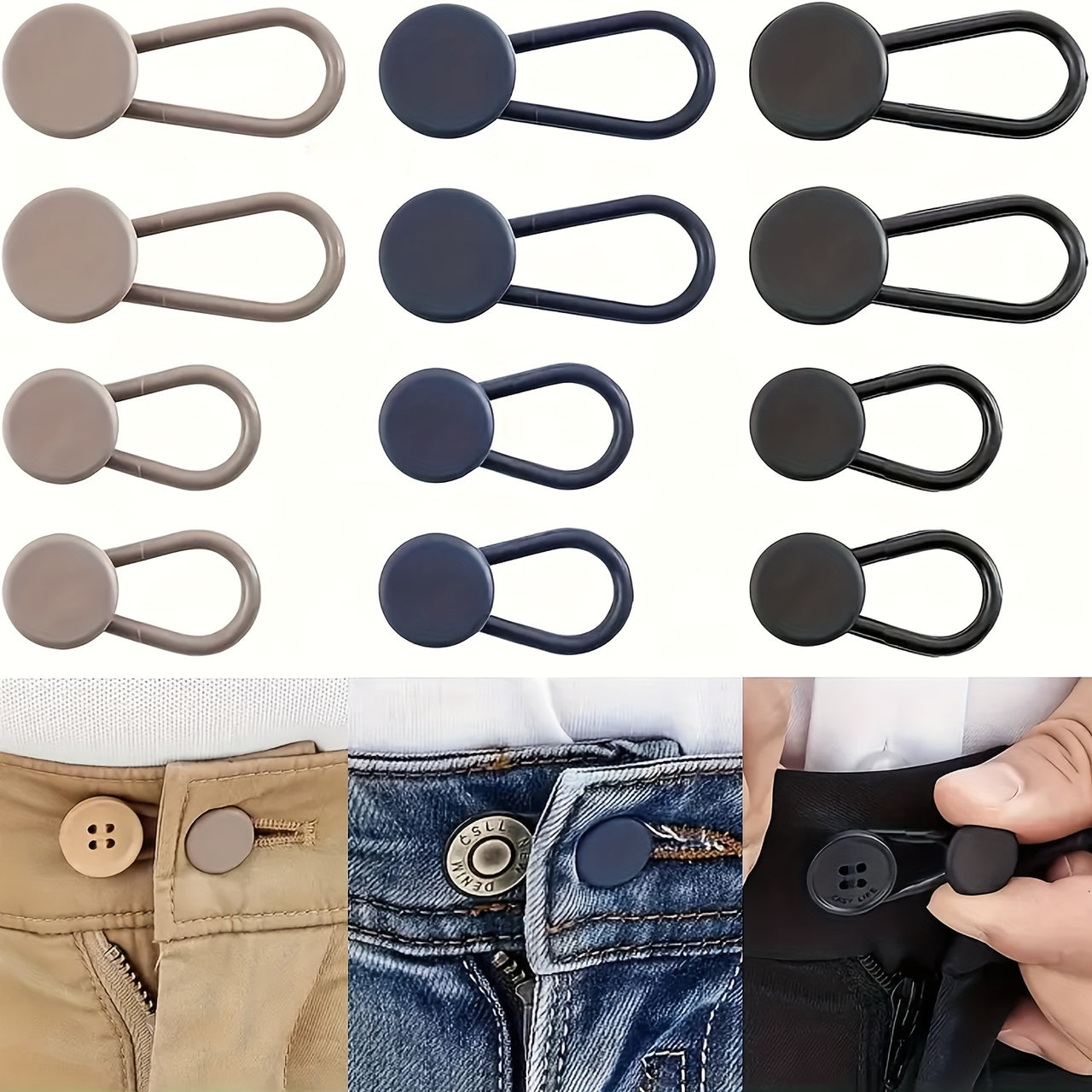 "Easy-Adjust" 12-Pack No-Sew Jean Waist Extenders - Adjustable Pants Button Expanders, Adds 1-1.4 Inches, Unisex, In Khaki/Blue/Black