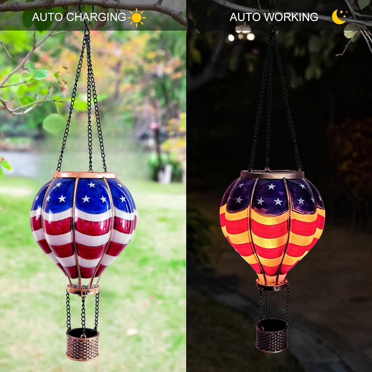 1pc Authentic Hot Air Balloon Solar Lantern with Flickering LED Flame - Waterproof Outdoor Hanging Lights for Garden, Yard, Patio - Adds Rustic Charm to Your Holiday Decor - Proudly Showcases American Flag Design