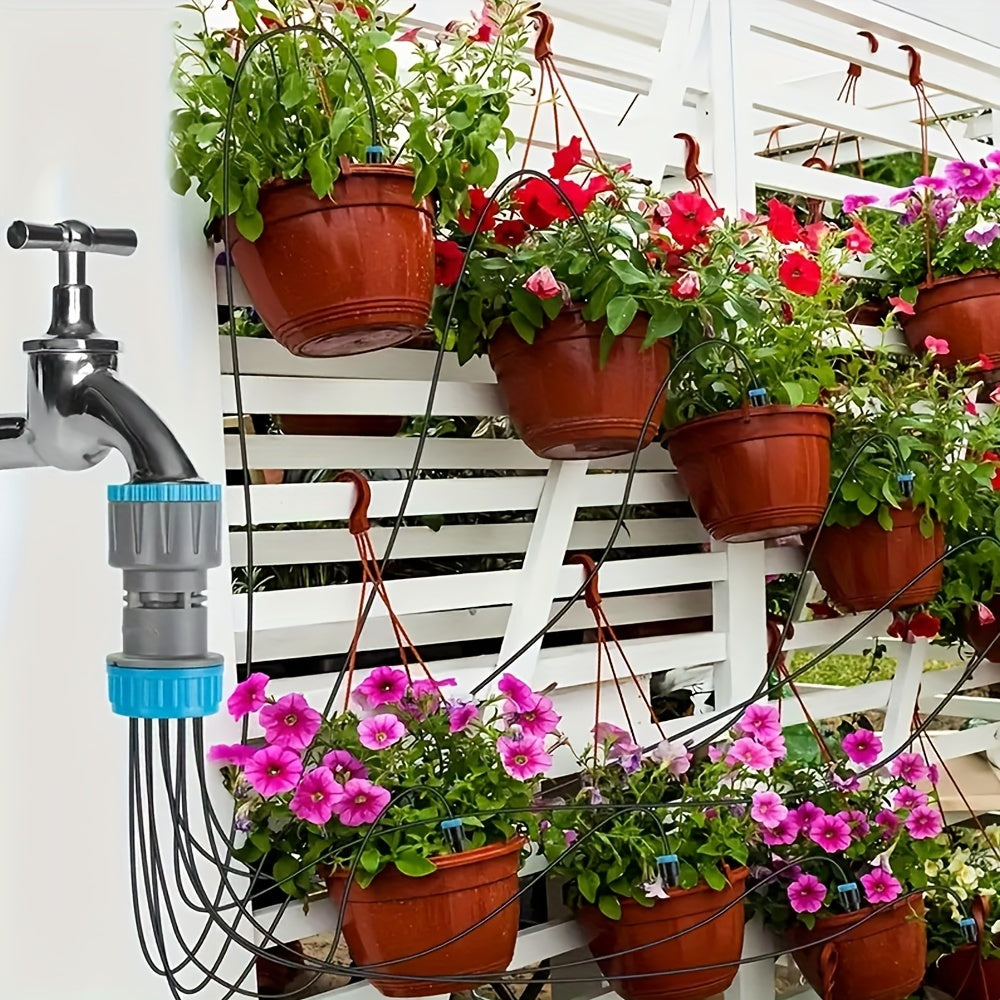 1set Easy-Install Drip Irrigation System – 10 Dripper Self-Watering Planter Kit with 3/4 Adapter – Ideal for Potted Plants & Raised Garden Beds