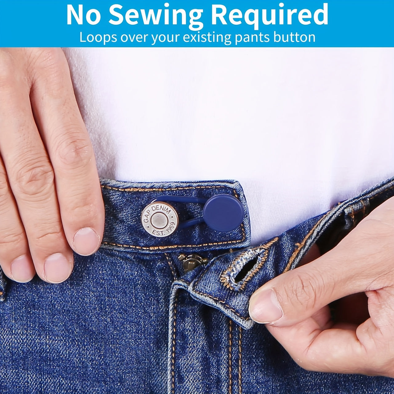 "Easy-Adjust" 12-Pack No-Sew Jean Waist Extenders - Adjustable Pants Button Expanders, Adds 1-1.4 Inches, Unisex, In Khaki/Blue/Black