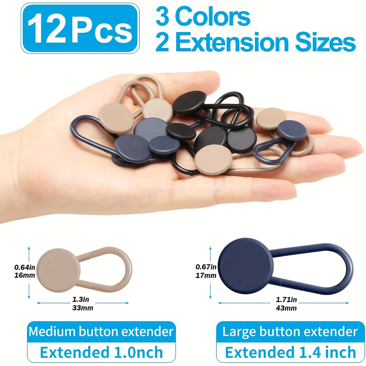 "Easy-Adjust" 12-Pack No-Sew Jean Waist Extenders - Adjustable Pants Button Expanders, Adds 1-1.4 Inches, Unisex, In Khaki/Blue/Black