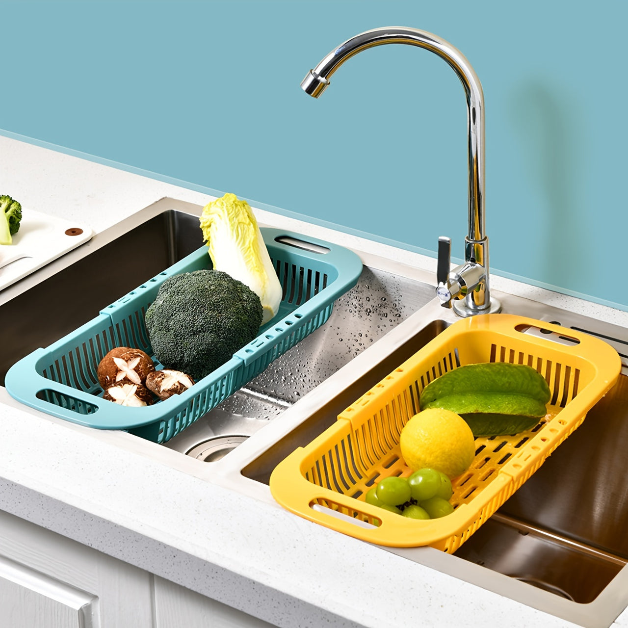 1pc Retractable Drain Rack - Kitchen Basket For Vegetables And Dishes, Plastic Dish Rack With Filter Basket - 13.5in/7.2in/2.5in - Easy To Clean And Store